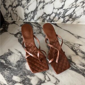 Brown Quilted Square-Toe Strappy Heels